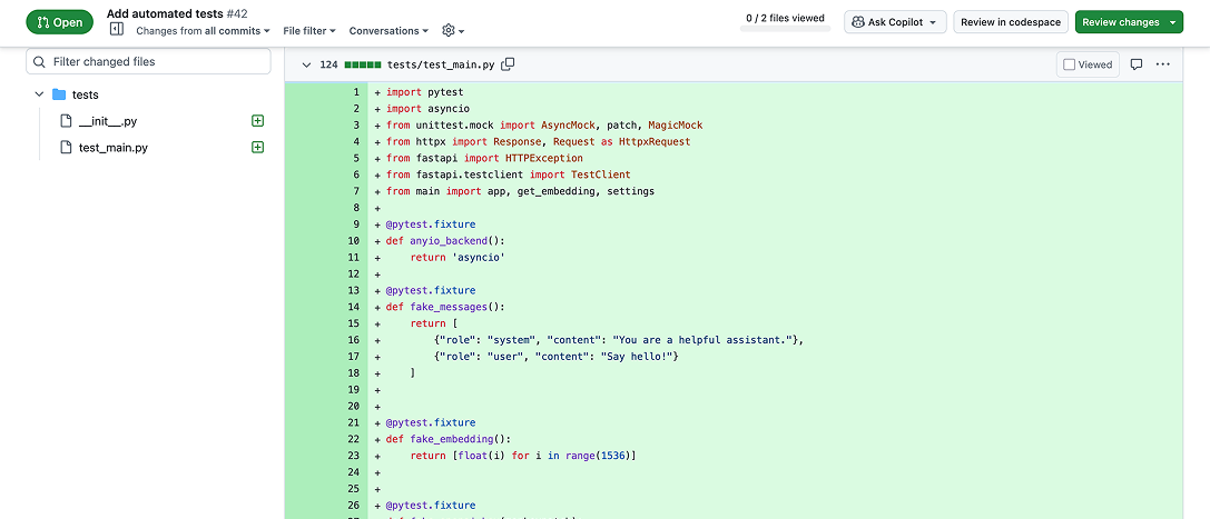 Pull request with generated tests